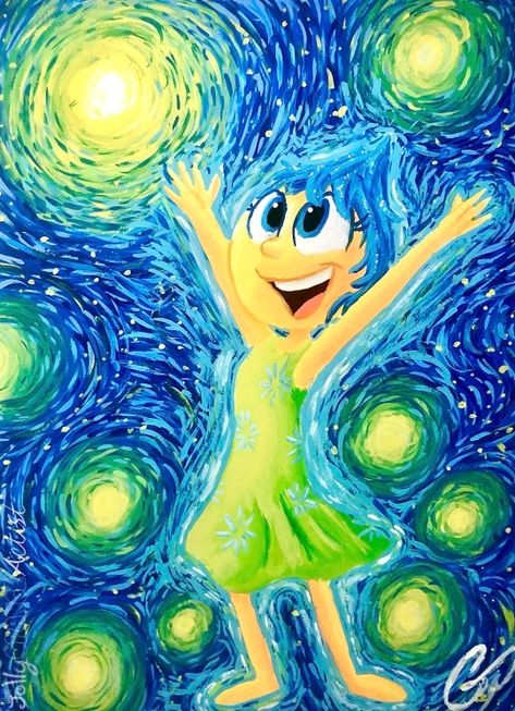 Here's a painting of Joy from Inside Out. I've been thinking about doing a series of paintings of each different emotion, and I wanted to start if with a personal favorite of mine.    Joy has possibly… Pixar Paintings, Inside Out Illustration, Joy From Inside Out, Joy Inside Out, Inside Out Characters, Series Of Paintings, Disney Paintings, Starry Night Painting, Pixar Films