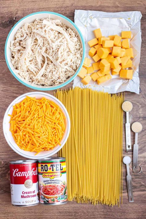 Easy Rotel Chicken Spaghetti - By Kelsey Smith Chicken Spaghetti Rotisserie, Chicken Spaghetti Recipe With Rotel Velveeta Cream Of Mushrooms, Crockpot Creamy Cheesy Chicken Rotel Spaghetti, Cheap Chicken Spaghetti Recipe, Dinners With Velveeta Cheese, Low Calorie Chicken Spaghetti, Chicken Spaghetti Recipe With Rotel Easy, Chicken Spaghetti With Rotel And Velveeta, Crockpot Recipes Easy Cheap Dinners Rotisserie Chicken