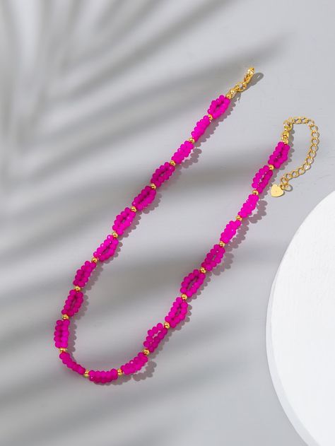 Cheap Casual Pink Beaded Necklace, Fun Pink Adjustable Beaded Necklaces, Hot Pink Beaded Necklace, Playful Pink Necklace With Colorful Beads, Hot Pink Necklace, Collar Rosa, Embellished Fashion, Barbie Style, Necklace Pearl