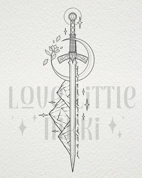 Simplistic Goldryn SJM design for the lovely Sarah 🗡️🌙 love the single kingsflame flower coming from the crescent moon! #throneofglass #acotar #crescentcity Bridge 4 Stormlight Tattoo, Simple Throne Of Glass Tattoos, Starsword Crescent City Tattoo, Sjm Swords, Sun And Moon Swords Tattoo, Fourth Wing And Acotar Tattoo, Sjm Universe Tattoo, Small Throne Of Glass Tattoo, Fire Heart Tattoo Aelin