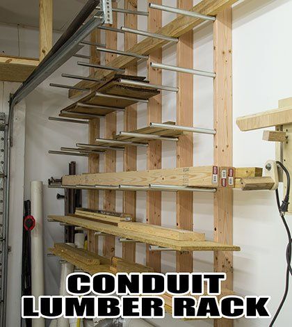 Inexpensive Conduit Lumber Rack Diy Lumber Storage, Workshop Organisation, Lumber Storage Rack, Lumber Rack, Plywood Storage, Plan Garage, Wood Storage Rack, Super Organized, Lumber Storage