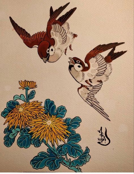 Bird Japanese Art, Asian Bird Tattoo, Bird Japanese Tattoo, Japanese Bird Tattoo, Japanese Bird Art, Vintage Tattoo Design, Japanese Bird, Japan Tattoo Design, Japan Painting