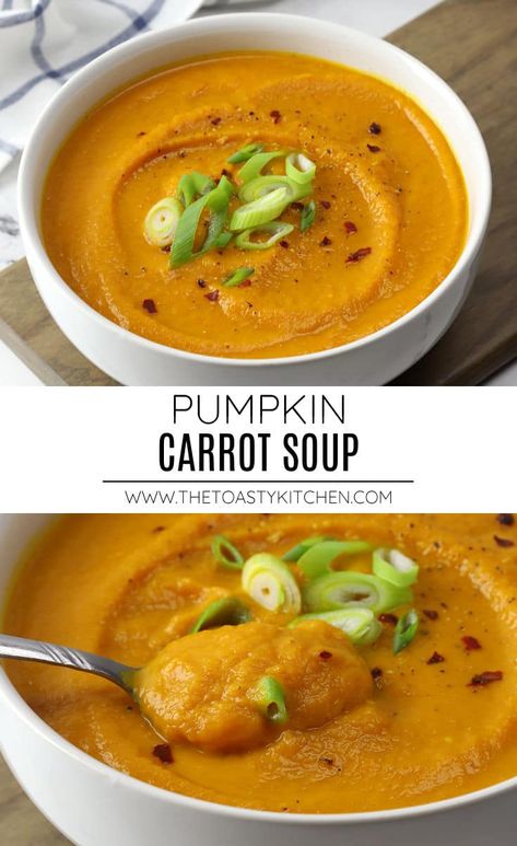 Pumpkin carrot soup recipe by The Toasty Kitchen. Pumpkin carrot soup is a savory vegan soup that's both hearty and comforting. Filled with warming spices like ginger, cumin, and turmeric, this pureed soup is just what you need on a cool fall day. #pumpkincarrotsoup #pumpkinsoup #fallsoup #vegansoup #souprecipe #pureedsoup Puree Soup Recipes, Gf Soup, Pumpkin Carrot Soup, Pumpkin And Ginger Soup, Pumpkin Soup Recipe Easy, Pumpkin Soup Healthy, Vegan Pumpkin Soup, Fall Pasta, Carrot Soup Recipes