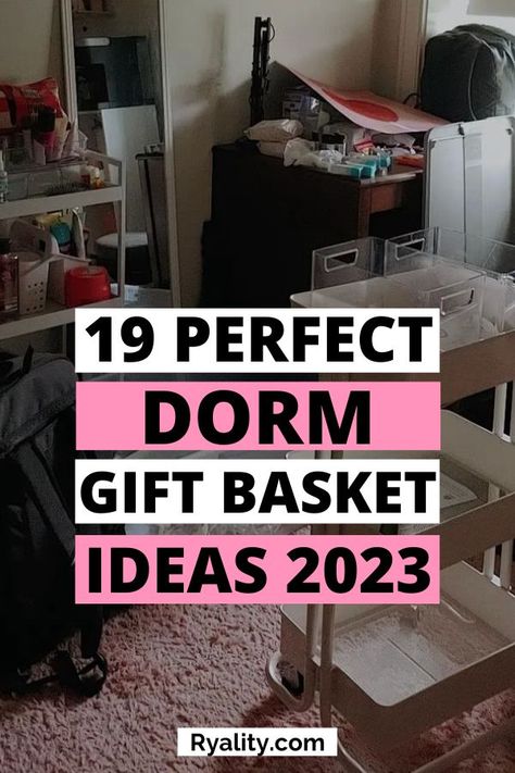 this list is PERFECT it has the best dorm gift ideas to give. I remember using all this stuff in my dorm room so I'm going to save this list for when my sister moves into the dorms to get her some stuff College Gift Basket For Girls, Dorm Gift Ideas, College Dorm Gift Ideas, Dorm Gift Basket, College Roommate Gift, College Gift Boxes, College Gift Baskets, College Dorm Gifts, Dorm Gifts