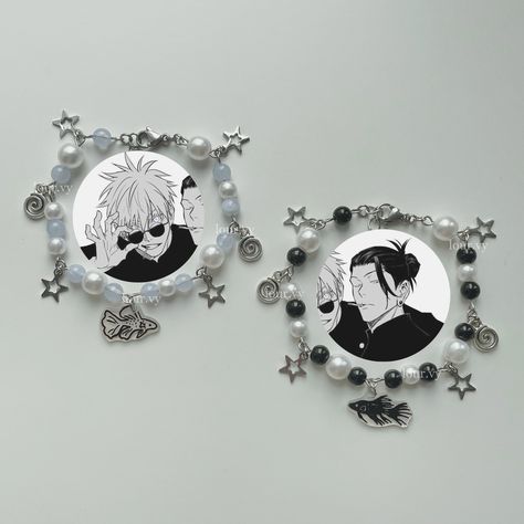 gojo satoru & geto suguru matching bracelets, the marauders made with stainless steel ! 17.5 cm + 2.5 cm to adjust the lengh customs open ! dm me on the instagram to order a custom Anime Beaded Bracelets, Satosugu Bracelet, Gojo Bracelet, Jjk Bracelet, Bracelet Ideas For Boys, Pulseras Ideas, Bracelet For Boys, Bracelets Kandi, Satoru Suguru