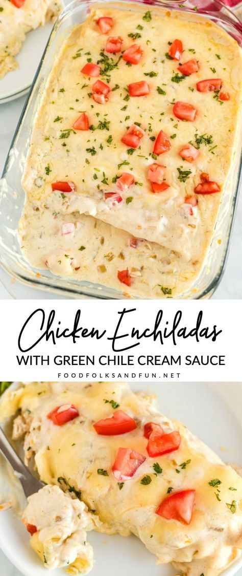 This Chicken Enchilada recipe is some serious comfort food! The enchiladas are filled with chicken, cheese, corn, and green chiles and covered with a green chile cream sauce (made without canned soup!). Enchiladas Mexicanas, Cheese Corn, Canned Soup, Enchilada Recipe, Sour Cream Sauce, Leftover Rotisserie Chicken, Green Chiles, Chicken Enchilada Recipe, Chicken Enchilada