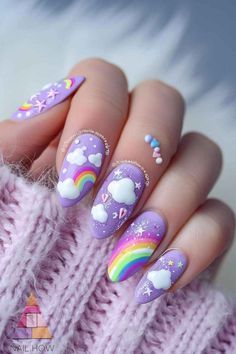 Purple Nail With Butterfly, Rainbow Sky Nails, Rainbow And Cloud Nails, Pride Themed Nails, Purple Cute Nails, Rainbow Cloud Nails, Pride Nails Designs, Pride Nail Art, Nail Art Rainbow