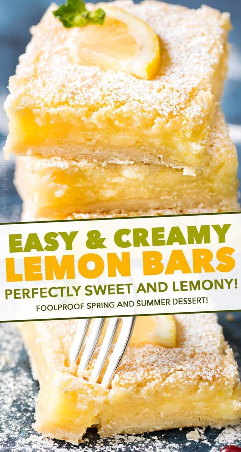 The best Creamy Lemon Bars have an easy shortbread crust and a layer of thick and creamy lemon filling. Perfectly tangy and sweet - such a classic dessert recipe that anyone can make! #lemonbars #lemonsquares #lemon #citrus #bars #dessert #baking #dessertrecipe #easyrecipe #spring Easter Dessert Lemon, Lemonade Desserts, Easy Spring Desserts, Desert Snacks, Desert Pies, Citrus Bars, Spring Dessert Ideas, Easy Shortbread Crust, Creamy Lemon Bars