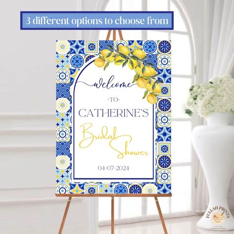 💙🍋 This PRINTABLE and EDITABLE bridal shower welcome sign features beautiful Positano blue tiles with lemons for a pop of color! It is perfect if you're looking for that Mediterranean/Italian party vibe!! This includes 3 different design options you can choose from!💙🍋 Head over to @FullahPrints on Etsy to see more! Italian Bridal Showers, Bridal Shower Sign, Shower Foam, Mediterranean Blue, Bridal Shower Welcome Sign, Shower Welcome Sign, Welcome Poster, Bridal Shower Signs, Shower Sign