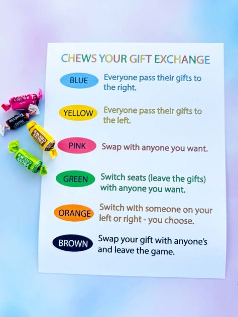 This fun chews your own gift exchange game is a new twist on gift exchanges! It's a must-try Christmas party game for this year! Chews Your Gift Exchange, Gift Exchange Games For Kids, Christmas Socks Exchange, Kid Holiday Games, Disney Party Games, Gift Exchange Game, Gift Exchange Ideas, Gift Games, Christmas Gift Exchange Games