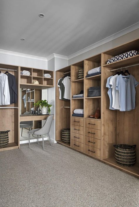 decorate walk in robe with oak joinery and built in desk area Walk In Robe Designs, Walk In Robe Ideas, Built In Desk And Shelves, Metricon Homes, A Walk In Closet, Modern Home Interior, Dressing Room Closet, Walking Closet, Dream Closet Design