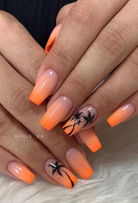 Acrylic Nail Designs Coffin, 30 Nails, Palm Tree Nails, Neon Nail Designs, Nail Place, Organic Nails, Tropical Nails, Tree Nails, Nail Design Inspiration