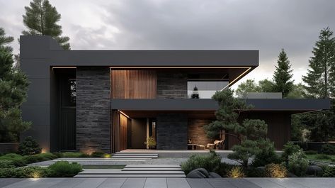 House Industrial Design Exterior, Black Modern Houses, Modern Contemporary Exterior, Industrial House Exterior, Sloping Lot House Plan, Modern Mountain House, Ultra Modern Homes, Contemporary House Exterior, Dream Life House