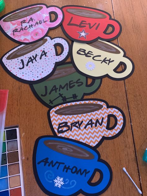 Door Deck Ideas Dorm, Friends Themed Classroom Ideas, Barbie Door Decs, Friends Classroom Decor, Friends Theme Classroom, Friends Door Decs, Friends Themed Door Decs, Coffee Door Decs, Starbucks Door Decs