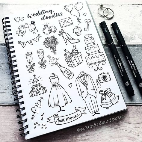 supe cute bujo doodles Diy Wedding Journal, Wedding Doodles, Easy Doodle Ideas, Bullet Journal Tools, Doodle Wedding, Bujo Doodles, Bullet Journal Page, Wedding Drawing, Scrapbook Organization