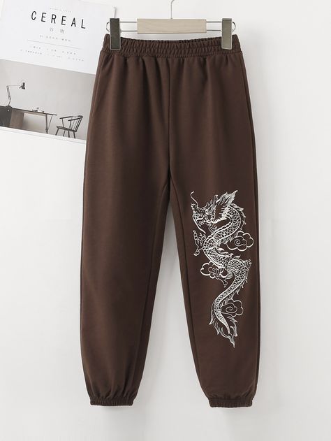 Chocolate Brown    Cotton Blends Animal   Medium Stretch All Girls Clothing Graphic Sweatpants, Dragon Graphic, Girl Sweatpants, Chinese Dragon, Girls Clothing, Chocolate Brown, Harem Pants, Girl Outfits, Sweatpants