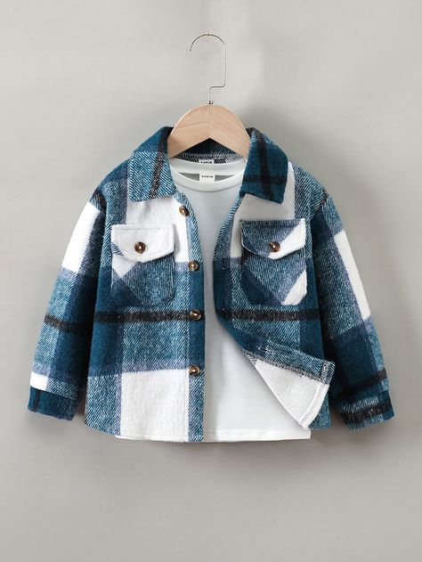 Blue and White Casual Collar Long Sleeve Fabric Plaid Other Embellished Non-Stretch  Toddler Boys Clothing Boys Coats, Boys Plaid Shirt, Autumn Outwear, Boy Outerwear, Winter Plaid, Baby Outerwear, Boys Plaid, Hooded Shirt