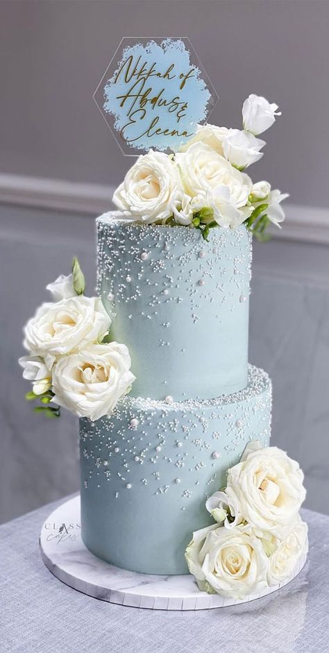 wedding cake, wedding cakes, wedding cake images, beautiful wedding cakes, non traditional wedding cake, wedding cake trends White And Baby Blue Wedding, Baby Blue Wedding Theme, Wedding Cake Dusty Blue, Blue Wedding Cakes, Light Blue Wedding Cake, Baby Blue Wedding, Pastel Blue Wedding, 2 Tier Wedding Cakes, Blue Birthday Cakes