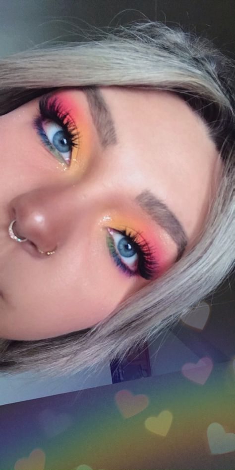 Simple Rainbow Eyeshadow, Simple Pride Make Up Looks, Pride Themed Makeup, Pride Rhinestone Makeup, Black And Rainbow Makeup, Pride Makeup Hooded Eyes, Easy Pride Makeup Ideas, Rainbow Costume Women, Pride Makeup Simple