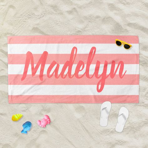 Personalized Coral Striped Script Name Beach Towel - Beach Towels Beach Vacation Essentials, Preppy Monogram, Monogramed Gifts, Beach Necessities, Personalized Beach Towel, Monogram Gifts, Personalized Monogram, Towels Design, Fathers Day Cards