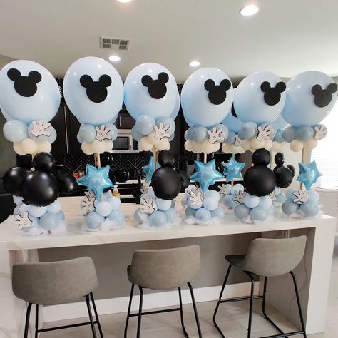 Mickey, but make it dreamy ☁️☁️☁️ Centerpieces are ready for this weekend. #mickey #mickeyballoons #mickeycentwrpiecea #mickeyparty… | Instagram Vintage Mickey Mouse Party Decorations, Mickey Mouse Baby Shower Centerpieces, Baby Mickey Mouse Baby Shower Ideas, Disneyland 1st Birthday Boy, Disneyland Centerpieces Birthday, Mickey Mouse Baby Shower Ideas For Boys, Disneyland Party Centerpieces, 1st Birthday Boy Mickey Mouse, Centerpieces For Baby Shower Boy