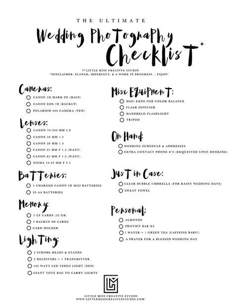 Little Miss Creative: The Ultimate Wedding Gear Checklist {for photographers} Wedding Photography Filters, Wedding Photographer Attire, Photographer Checklist, Pre Wedding Checklist, Wedding Photographer Checklist, Photographer Essentials, Photographer Gear, Photography Knowledge, Photography Checklist