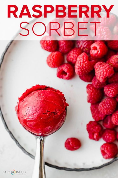 Raspberry sorbet that is creamy, refreshing, and vibrant in color and flavor! This sorbet recipe can be made with fresh or frozen raspberries. #saltandbaker #raspberrysorbet #sorbet Homemade Sorbet, Ice Cream Photography, Sorbet Recipe, Sorbet Ice Cream, Frozen Raspberries, Ice Cream Maker Recipes, Frozen Dessert Recipe, Raspberry Recipes, Dessert Aux Fruits