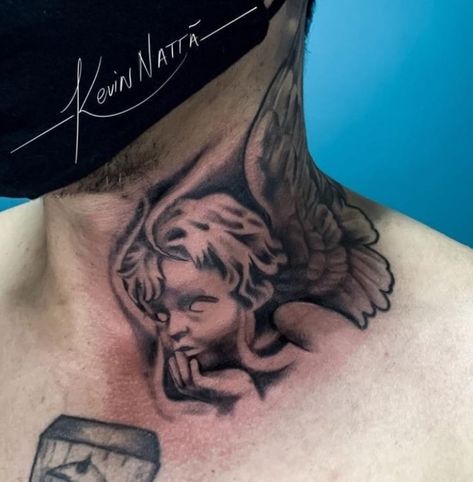 Guardian Angel Neck Tattoo, Cherub Neck Tattoo, Angel Tattoo Men Neck, Angel Neck Tattoo For Men, Cloud Neck Tattoo, Angel Tattoo On Neck, Angel Tattoo Neck, Chicano Neck Tattoos, Angel Face Tattoo