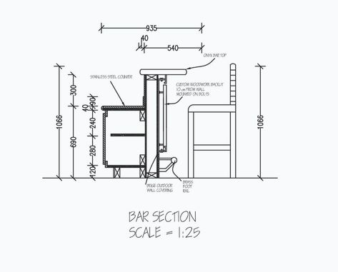 Bar Section, Furniture Details Drawing, Bistro Interior, Bar Counter Design, Bar Flooring, Restaurant Plan, Millwork Details, Section Drawing, Bar Plans