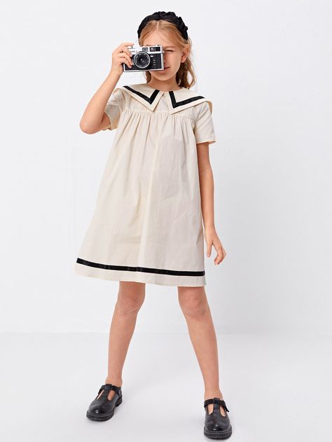 Beige Preppy  Short Sleeve Cotton Striped Smock Embellished Non-Stretch Summer Girls Clothing Preppy Kids Outfits, Girls Sailor Dress, Handmade Childrens Clothes, Girls Smocked Dresses, Retro Looks, Sailor Fashion, Sailor Dress, Sailor Collar, Wedding Dresses For Girls