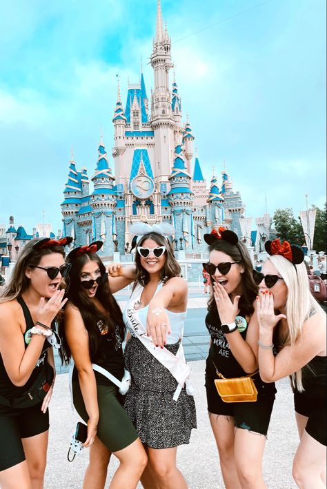 Bachelorette At Disneyland, Disney Themed Hen Party, Magic Kingdom Bachelorette Party, Bachelorette Party At Disney, Bridal Disney Outfit, Bachelorette Party Disneyland, Bachelorette Party Ideas Disney, Disneyland Bachelorette Party Ideas, Disney Hen Do