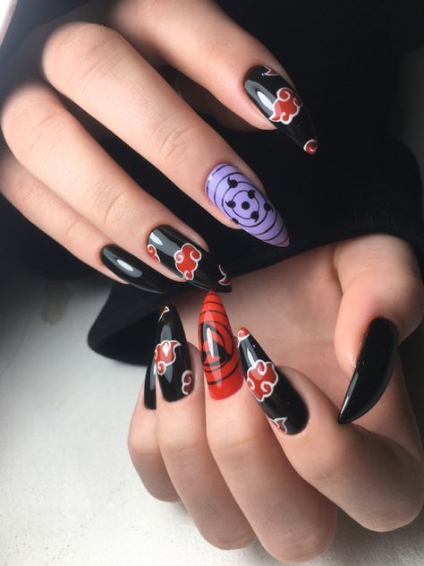 Naruto Nail Art, Akatsuki Nails, Anime Nails Designs, Anime Nails Acrylic, Anime Nail Designs, Naruto Nails, Anime Nail Art, Horror Nails, Halloween Acrylic Nails