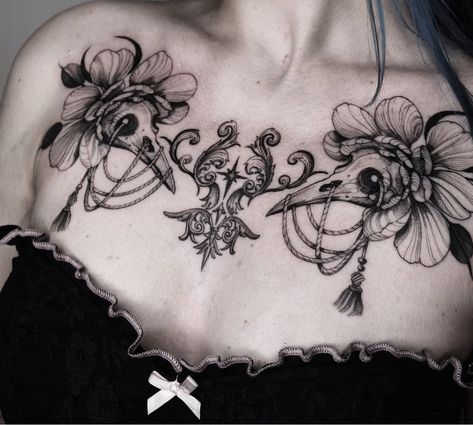 Spooky Chest Tattoo Female, Spooky Chest Tattoo, Gothic Stomach Tattoo, Gothic Chest Tattoo, Aesthetic Redhead, December Tattoo, Chest Tattoo Designs Female, Tattoo Stomach, Apollo Tattoo