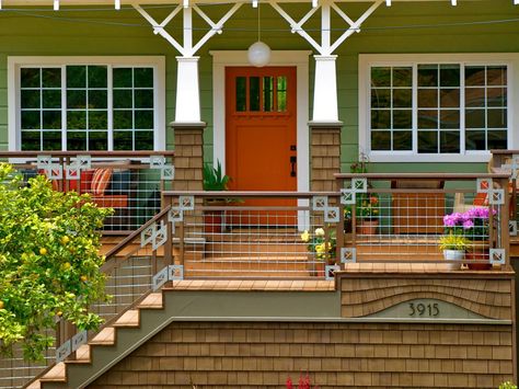 houses cottages with orange peach green outside exterior | ... porch an updated porch leads to a charming lime green house with a Sage Green House, Green House Exterior, Orange Front Doors, Tan House, Wood Siding Exterior, Hgtv House, Orange Door, Wood Front Doors, Orange House