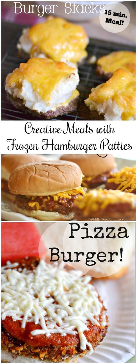 Creative Meals with Hamburger Patties! Ever get tired of the same old hamburgers and wonder what to make with hamburger patties? Well there are lots of yummy meals using frozen hamburger patties that our family eats all the time AND they are so easy! Check out these recipes! #burger #frozen #recipe Hamburger Patties Meals, Hamburger Patty Recipes, Burgers In The Oven, Frozen Burger Patties, Recipes Using Hamburger, Burger Patty Recipe, Creative Meals, Hamburger Recipes Patty, Hamburger Patty