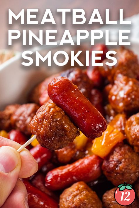 Meatball Pineapple Smokies | 12 Tomatoes Recipes With Lil Smokies, Meatball Pineapple Smokies, Pineapple Smokies, Pineapple Turkey, Meatballs Appetizer, Pineapple Meatballs, Cocktail Weenies, Little Smokies Recipes, Bunco Ideas