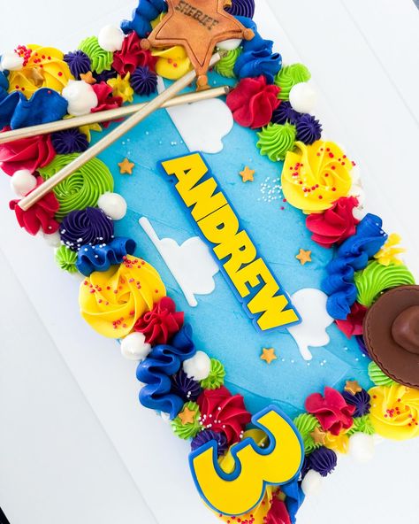 Toy Story sheet cake! Happy third birthday to my youngest nephew, Andrew! Flavor: Funfetti Name and age charms: @happyhourslv #dallasbaker #dfwcakes #birthdaycake #toystoryparty #dallaspartyplanner #dallaseventplanner Toy Story 4 Birthday Cake, Toy Story 4 Cake Ideas, Toy Story Number Cake, Easy Toy Story Cake, Number 2 Toy Story Cake, Toy Story 4 Cake, Toy Story Birthday Sheet Cake, Toy Story Sheet Cake, Toy Story Cake One Tier