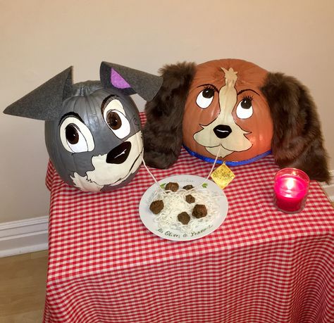 My Lady and the Tramp painted pumpkins Pumpkin Painting Funny, Cow Pumpkin Painting, Painted Halloween Pumpkins, Cow Pumpkin, Disney Pumpkin Painting, Book Character Pumpkins, Pumkin Decoration, Pumpkin Paint, Animals Activities