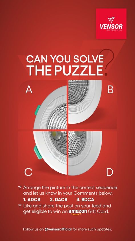 Contest alert!

Solve the correct sequence of the puzzle and get an exclusive chance to win an Amazon voucher. 
 
Rules
1. Write down the correct sequence in the comments section.
2. Like and follow our official page on every platform.
3. Share the post on your feed
4. Tag 3 friends, extra entries mean more chances to win.

Good luck!

#Vensor #Vensorelectrical #Giveaway #Giveawaycontest #Giveawayalert #Participatenow #Amazonvoucher #Winamazonvoucher #Freegiveaway #amazonindia #freecontest Social Media Games Posts Ideas, Social Media Contests, Contest Rules, Social Media Games, 3 Friends, Puzzle Solving, Giveaway Contest, Creative Video, Creative Ads