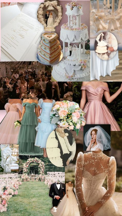 A 1980’s-inspired wedding doesn’t have to feature neon, boomboxes, or cassette tapes. This vision board is inspired by the softer 1980’s aesthetic. Think Sixteen Candles… Make your 80’s wedding dreams come true by focusing on whites and pastels (especially pink). Send your guests classic, embossed invites and dress your bridesmaids in varying pastel, poofy (yet modern!) dresses. Rather than adorning yourself with giant bows and ruffles, integrate them into the decor. And while other areas of the wedding can easily be more understated, no 80’s wedding would be complete without a multi-tiered wedding cake and gaudy wedding topper! #wedding #80swedding #1980weddjng #weddingaesthetic Gaudy Wedding, 1980’s Aesthetic, Wedding Vision Board, 80s Wedding, Sixteen Candles, Giant Bow, Modern Dresses, S Aesthetic, Topper Wedding