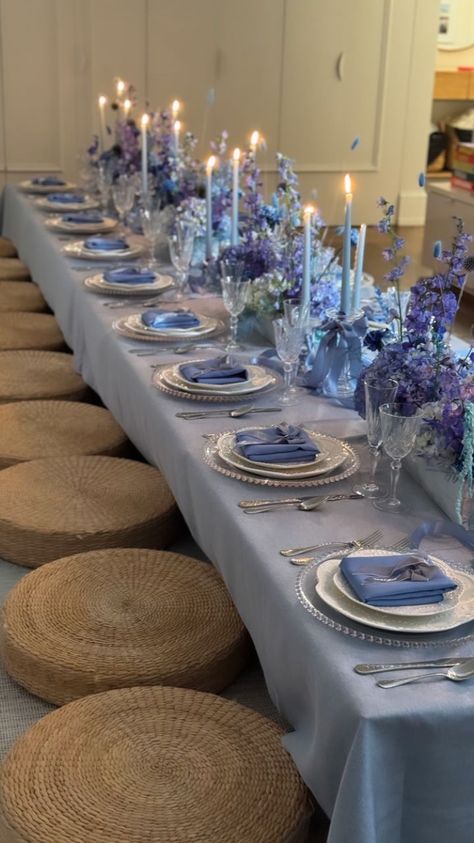 Blue Theme Dinner Party, Birthday Blue Theme, Blue Dinner Party, Blue Birthday Themes, Confirmation Ideas, Birthday 15, Blue Dinner, Rosé Theme, Birthday Dinner Party