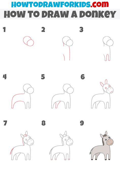 How To Draw Donkey, How To Draw A Donkey Step By Step, Donkey Doodle, Donkey Outline, Draw Donkey, Cartoon Donkey, Donkey Drawing, Coco Party, Crafts 2023