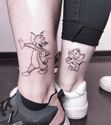 Tom And Jerry For Siblings Girlfriend Tattoos, Matching Tattoos For Siblings, Jerry Tattoo, Brother Sister Tattoo, Best Couple Tattoos, Needle Tattoo, Brother Tattoos, Couple Tattoos Unique, Tattoos Mandala