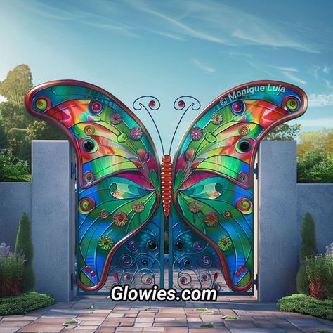 Butterfly Gate, Monique Lula, Stained Glass Butterfly, Glass Butterfly, Fence Gate, Stain Glass, Garden Gates, Fence, Stained Glass