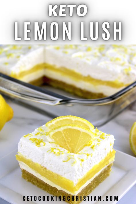 This incredibly delicious Keto Lemon Lush, with beautiful layers of tangy lemon curd, fluffy whipped cream, luscious cheesecake and vanilla shortbread crust, makes one impressive dessert for any occasion. #lemonlushrecipe #ketodesserts #lowcarbdesserts #ketolemondesserts #ketolemonlush No Bake Crust, Lemon Lush Recipe, Sugar Free Lemon Curd, Keto Party Food, Lemon Lush Dessert, Vanilla Shortbread, Lush Recipes, Lemon Lush, Impressive Dessert