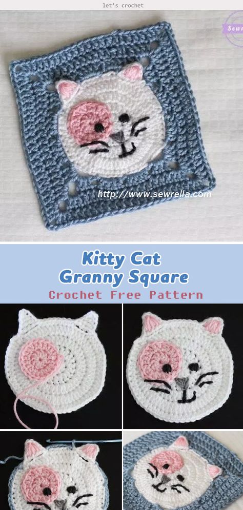 Kitty Cat Granny Square Crochet Free Pattern #freecrochetpatterns #grannysquare #kittycat Cat Granny Square Crochet, Cat Granny Square, Crochet Blanket Edging Patterns, Kat Haken, Blanket Stitches, Crochet Blanket Edging, Granny Square Projects, Cat Applique, Confection Au Crochet