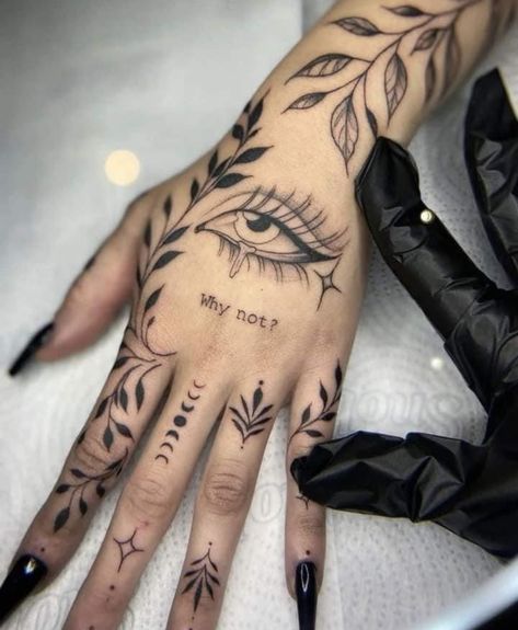 Palmistry Tattoo Hands, Witchcraft Hand Tattoos, Witchy Finger Tats, Dark Finger Tattoos, Celestial Hand Tattoo, Gothic Finger Tattoos, Full Hand Tattoos For Women Unique, Top Of Hand Tattoos For Women, Witchy Hand Tattoos