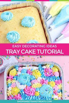 Tray bake cakes are the perfect portable dessert for any reason! Our tray cake decoration tutorial shows you how to make this show stopping sheet cake in a breeze to match any theme you can think of. Even better, no pan to remember to return! Beautifully baked and piped tray cakes to go! Multi tip tray bakes will be your new favorite technique to use! #sheetcake #traybakes #traycake #cakedecoration #multitipcakes Tray Bake Decoration, Tray Cakes Decoration, Tray Cake Decorating Ideas, Birthday Tray Bake Cake, Easter Sheet Cakes Decorated, Tray Bake Cake Decoration, Tray Cake Decoration, Sheet Pan Cake Decorations, Tray Bakes Cakes