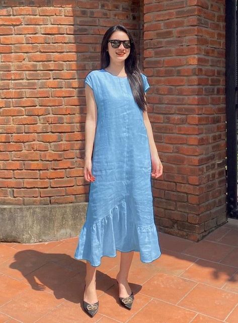 Sleeves For Sleeveless Dress, Linen Frocks For Women, Linen Frocks, Tunik Linen, Frocks For Women, Cotton Dress Pattern, Linen Style Fashion, Simple Frock Design, Casual Frocks