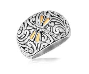 Dragonfly Motif Domed Ring in 18K Yellow Gold and Sterling Silver Dragonfly Ring, Modern Silver Jewelry, Dragonfly Jewelry, Silver Jewellery Indian, Silver Jewelry Design, Silver Jewelry Handmade, 925 Silver Jewelry, Ring Jewelry, Granada